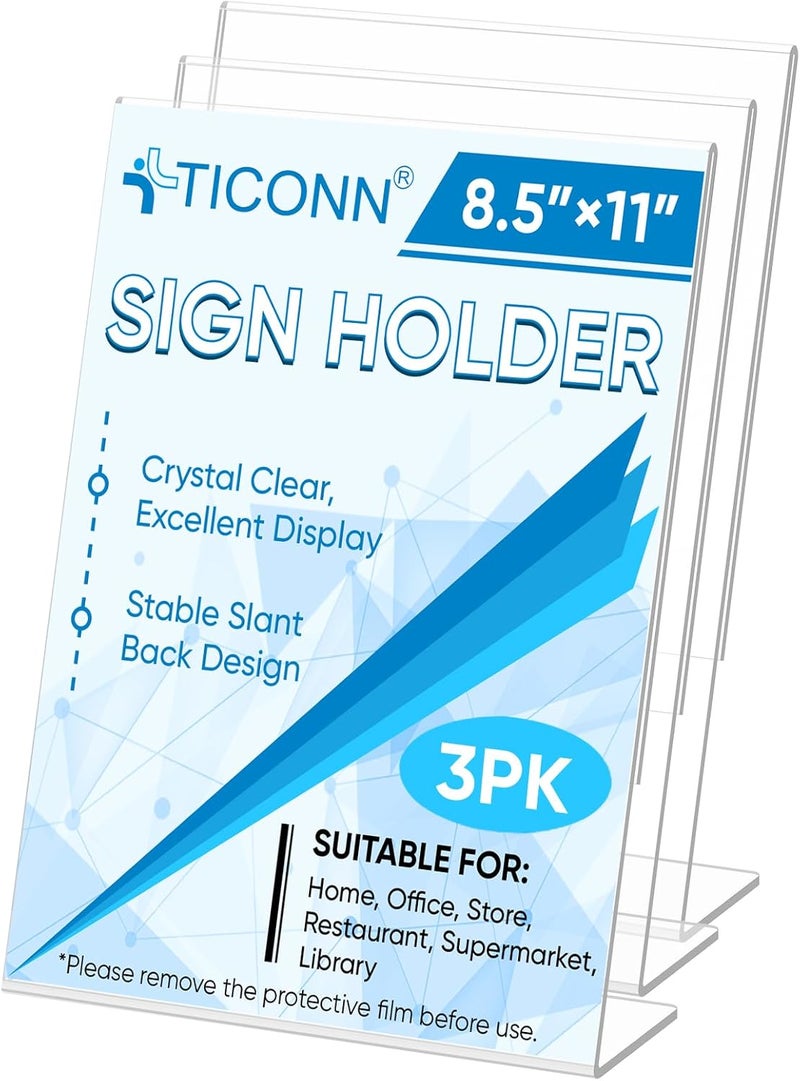 TPGP TICONN 8.5 x 11 Acrylic Sign Holder, L Shape Clear Sign Holder Stand for Displaying, 3 Pack - Image 1