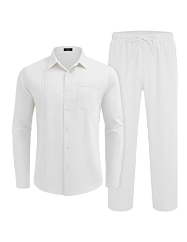 COOFANDY Mens Coordinated Outfit 2 Piece Linen Shirts and Beach Pants Sets Summer Casual Loose Cuban Shirt Set, White, X-Large - Image 4