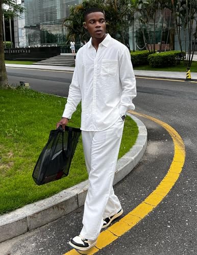 COOFANDY Mens Coordinated Outfit 2 Piece Linen Shirts and Beach Pants Sets Summer Casual Loose Cuban Shirt Set, White, X-Large - Image 3