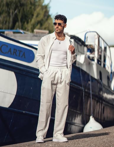 COOFANDY Mens Coordinated Outfit 2 Piece Linen Shirts and Beach Pants Sets Summer Casual Loose Cuban Shirt Set, White, X-Large - Image 2