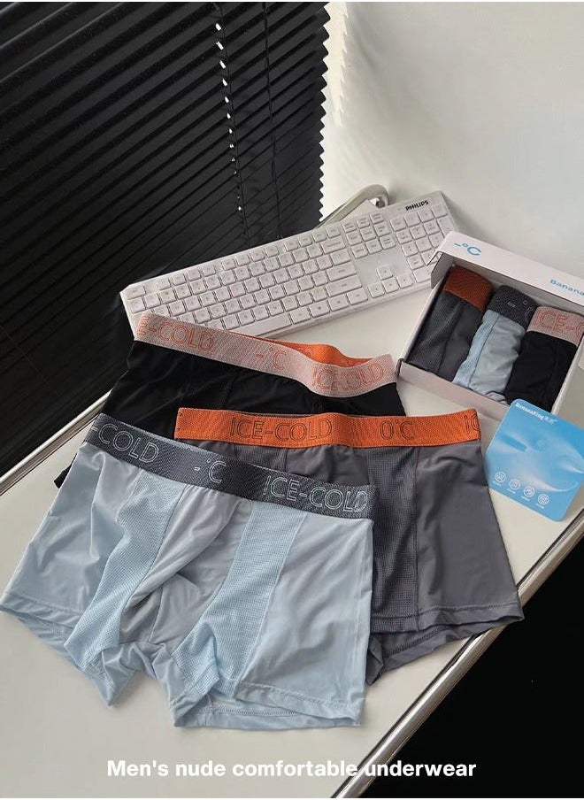 NIBEMINENT - 3-Piece Ice Silk Medium Waist Panties Breathable Quick-drying Men’s Teenager Boys Boxer Brief Antibacterial Underwear Set Blue+Black+Dark Grey - Image 1