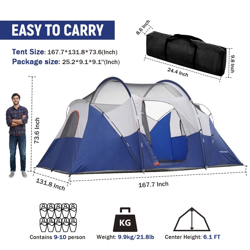 HG HIKERGARDEN 10 Person Camping Tent - Portable Large Family Tent for Camp, Windproof Fabric Dome Tent Outdoor for Hiking, Backpacking, Traveling (Blue) - Image 1