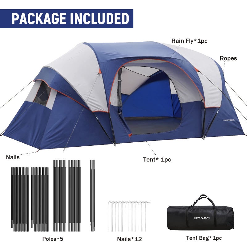 HG HIKERGARDEN 10 Person Camping Tent - Portable Large Family Tent for Camp, Windproof Fabric Dome Tent Outdoor for Hiking, Backpacking, Traveling (Blue) - Image 5