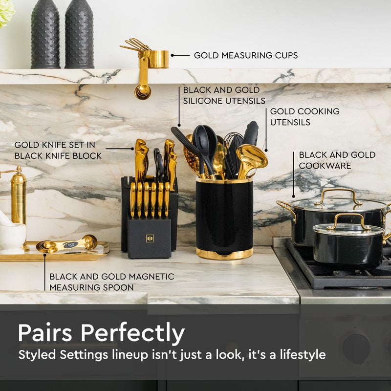 styled settings حامل أدوات المطبخ الأسود والذهبي من ستايلد سيتينغز مع حامل ملعقة مدمج - 2 قطعة حامل أدوات سيراميك كبير يتضمن حامل ملعقة أسود وذهبي - ملحقات مطبخ فاخرة - الأدوات غير مشمولة - Image 4