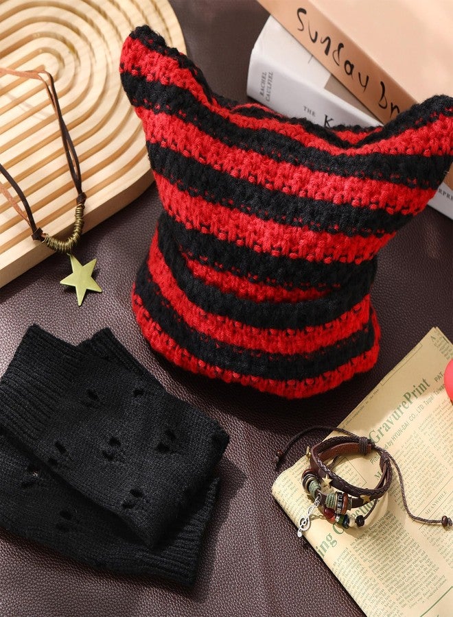 JaGely 4 Pcs Therian Grunge Emo Accessories for Women Cat Beanie Fairy Ripped Gloves Y2k Necklace Fairycore Bracelets Jewelry(Red Black) - Image 2