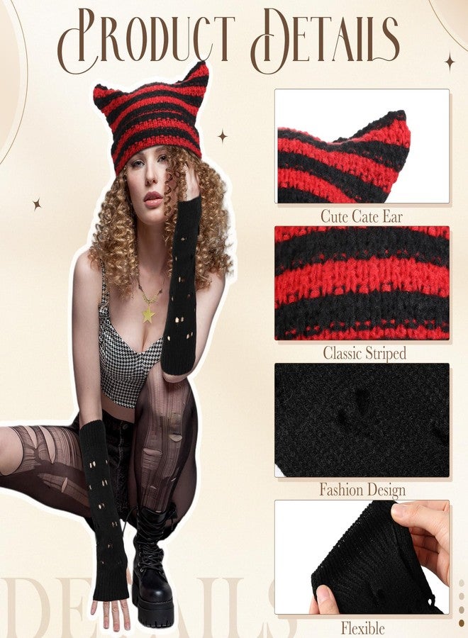 JaGely 4 Pcs Therian Grunge Emo Accessories for Women Cat Beanie Fairy Ripped Gloves Y2k Necklace Fairycore Bracelets Jewelry(Red Black) - Image 4