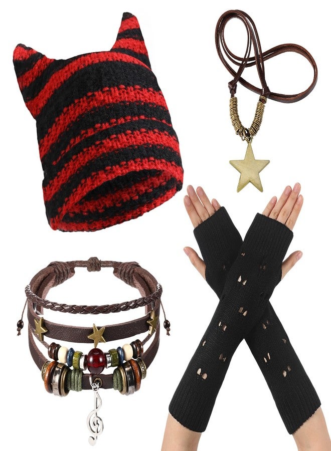 JaGely 4 Pcs Therian Grunge Emo Accessories for Women Cat Beanie Fairy Ripped Gloves Y2k Necklace Fairycore Bracelets Jewelry(Red Black) - Image 1