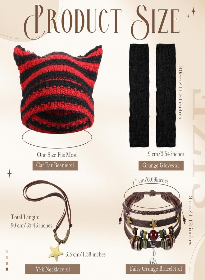 JaGely 4 Pcs Therian Grunge Emo Accessories for Women Cat Beanie Fairy Ripped Gloves Y2k Necklace Fairycore Bracelets Jewelry(Red Black) - Image 3