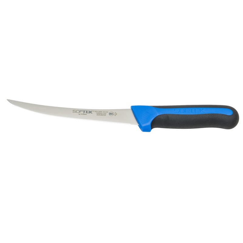 Winco Sof-Tek, 6" Boning Knife, Curved, Soft Grip Handle,Silver/Black/Blue - Image 1