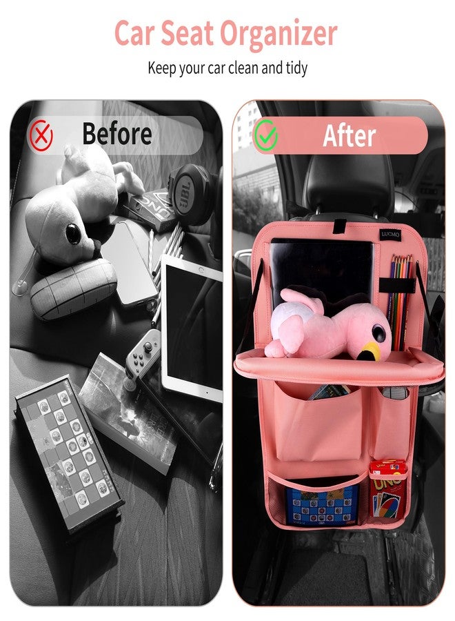 LUCMO Car Backseat Organizer with Tablet Holder,6 Storage Pockets Car Storage Organizer with Foldable Food Tray,Seat Protectors Kick Mats Travel Accessories-Pink - Image 2