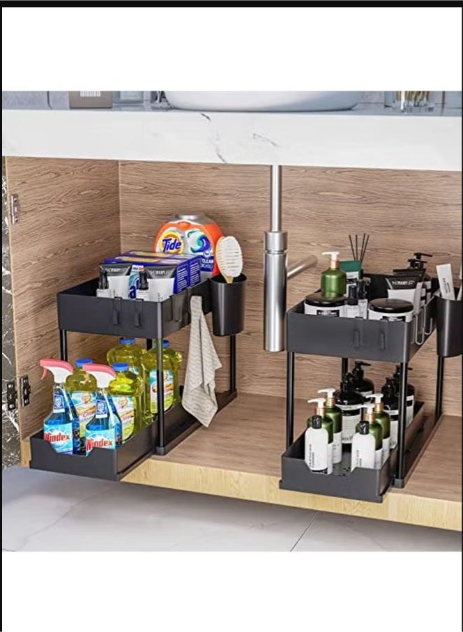 1 Pack Under Sink Organizers and Storage Pull Out Sliding Drawer, 2 Tier Multi-purpose Kitchen Under the Sink Organizer Under Bathroom Sink Shelf Storage Rack for Countertop Laundry -Black - Image 2