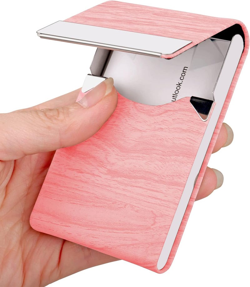 Business Card Holder Case - Professional PU Leather Business Card Case Metal Name Card Holder Pocket Business Card Carrier for Men & Women with Magnetic Shut (DM-Pink)