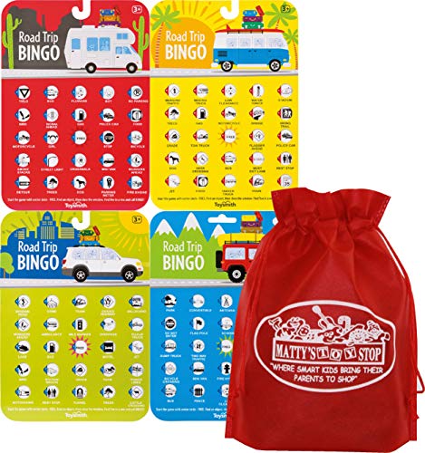 Toysmith Road Trip Bingo Cards Red Blue Green Orange Gift Set Travel Bundle with Bonus Mattys Toy Stop Storage Bag 4 Pack - Image 1