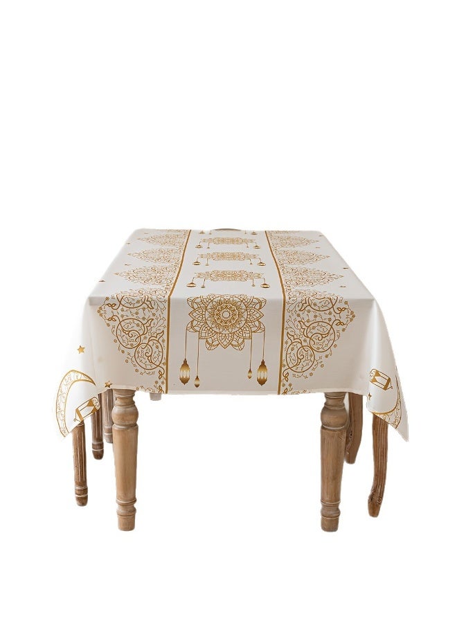 Neox زينة رمضان مفرش سفره   مفرش طاولة مستطيل الشكل قابل للغسل، مقاس 140 × 180 سم، بنمط هندسي بوهيمي بيج، مناسب لشهر رمضان، مزين بنقوش ذهبية للهلال والنجوم، مثالي لحفلات العشاء، وتزيين الطاولات، والاحتفالات، وعيد الفطر، كما يُعد هدية رائعة. - Image 2