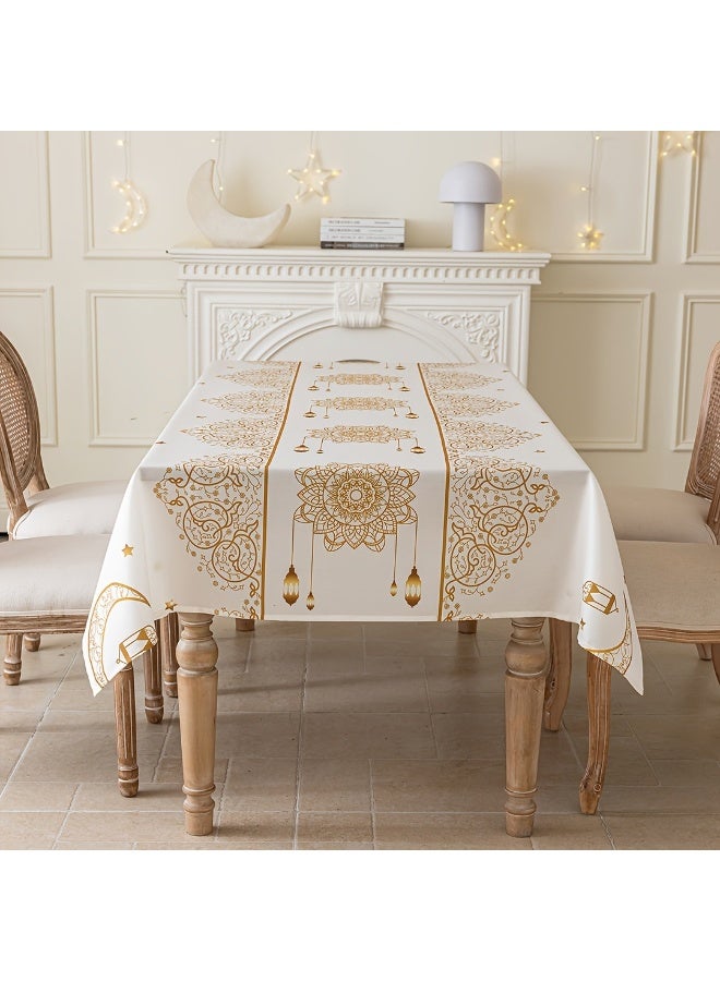 Neox زينة رمضان مفرش سفره   مفرش طاولة مستطيل الشكل قابل للغسل، مقاس 140 × 180 سم، بنمط هندسي بوهيمي بيج، مناسب لشهر رمضان، مزين بنقوش ذهبية للهلال والنجوم، مثالي لحفلات العشاء، وتزيين الطاولات، والاحتفالات، وعيد الفطر، كما يُعد هدية رائعة. - Image 4