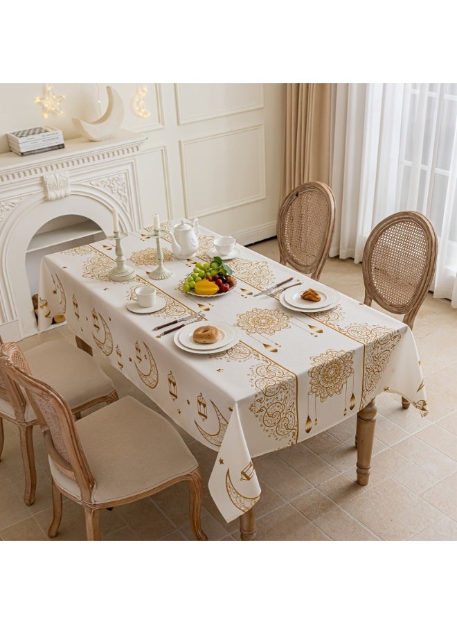 Neox زينة رمضان مفرش سفره   مفرش طاولة مستطيل الشكل قابل للغسل، مقاس 140 × 180 سم، بنمط هندسي بوهيمي بيج، مناسب لشهر رمضان، مزين بنقوش ذهبية للهلال والنجوم، مثالي لحفلات العشاء، وتزيين الطاولات، والاحتفالات، وعيد الفطر، كما يُعد هدية رائعة. - Image 3