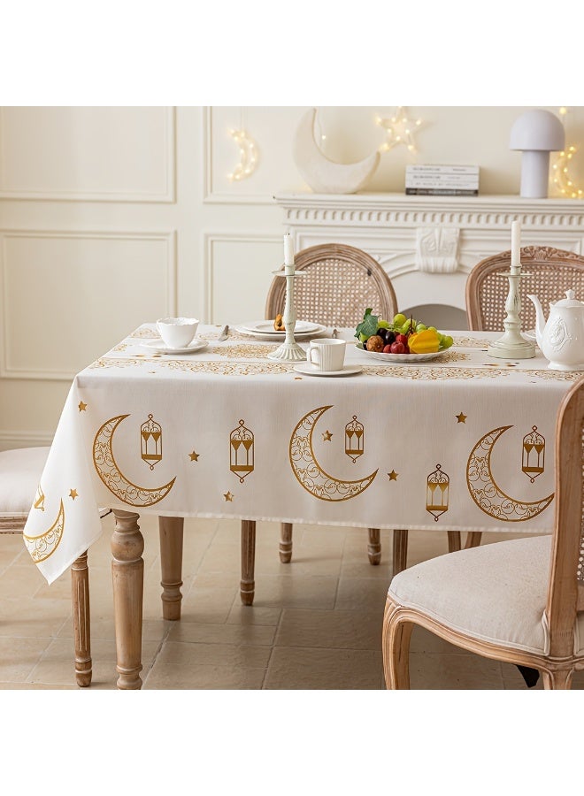 Neox زينة رمضان مفرش سفره   مفرش طاولة مستطيل الشكل قابل للغسل، مقاس 140 × 180 سم، بنمط هندسي بوهيمي بيج، مناسب لشهر رمضان، مزين بنقوش ذهبية للهلال والنجوم، مثالي لحفلات العشاء، وتزيين الطاولات، والاحتفالات، وعيد الفطر، كما يُعد هدية رائعة. - Image 1