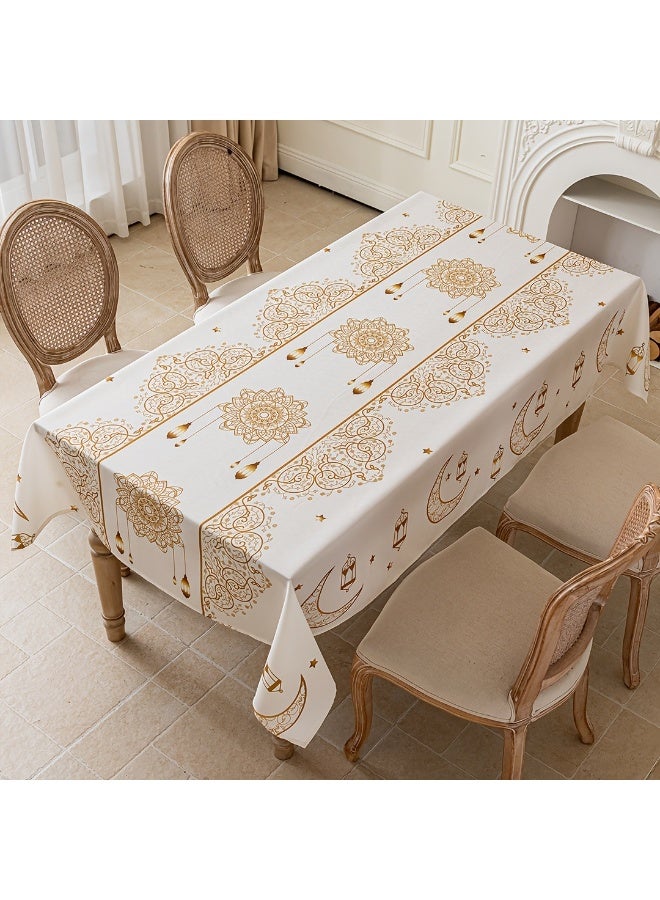 Neox زينة رمضان مفرش سفره   مفرش طاولة مستطيل الشكل قابل للغسل، مقاس 140 × 180 سم، بنمط هندسي بوهيمي بيج، مناسب لشهر رمضان، مزين بنقوش ذهبية للهلال والنجوم، مثالي لحفلات العشاء، وتزيين الطاولات، والاحتفالات، وعيد الفطر، كما يُعد هدية رائعة. - Image 5