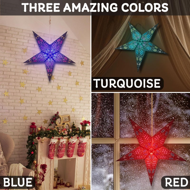 GalaxyArts Paper Star Lantern, 24 Inch Chakra Blue 3D Light-Up Hanging Lamp, Handcrafted Hollow Out Star Decoration for Christmas, Weddings, Holidays, Birthday, Parties, Indoor Outdoor Home DÃ©cor - Image 4