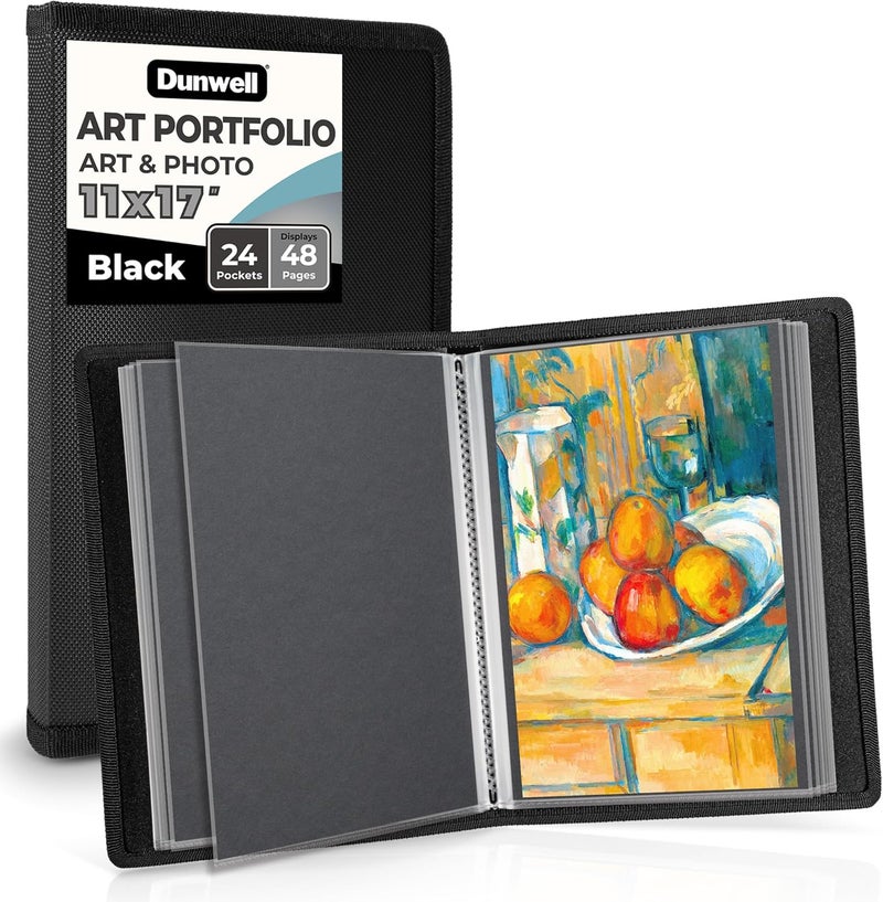 Dunwell 11x17 Art Portfolio Binder with Black Mounting Paper (Black), Large Portfolio Folder for Artwork Storage, 24 Clear Plastic Sleeves, Displays 48 Pages, Acid-Free 11 x 17 Presentation Book - Image 1