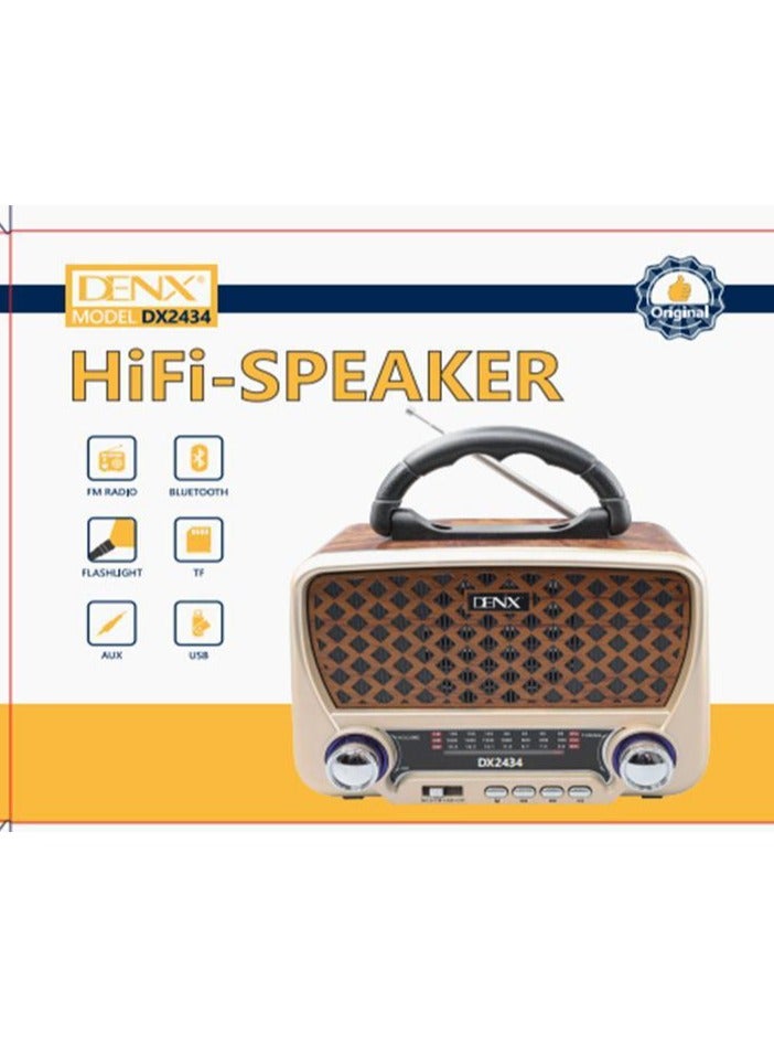 Denx Dinx HiFi Retro Bluetooth Radio, Portable AM ​​FM Radio with Flashlight, USB/TF Card/AUX, Handheld Wireless Speaker for Outdoor, Travel and Emergency, DX2434  - Image 2