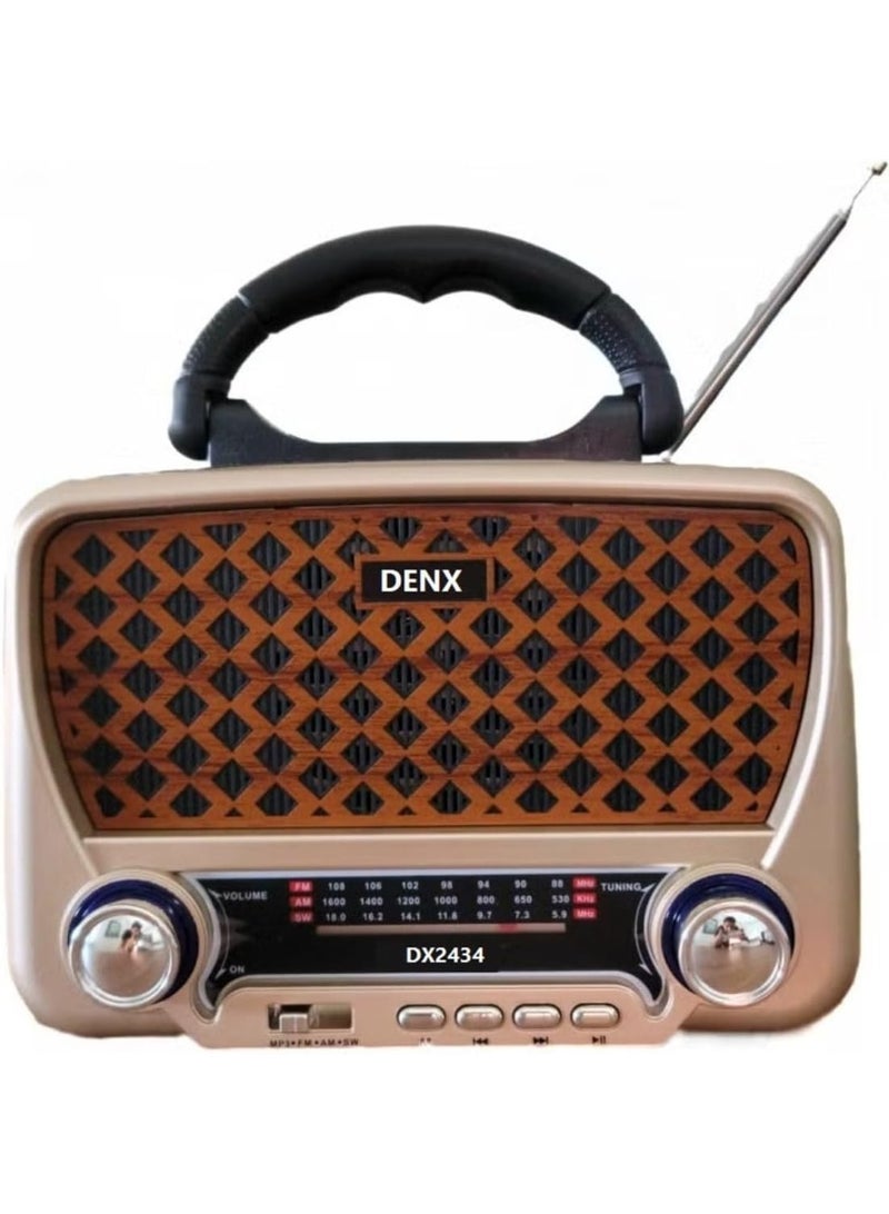 Denx Dinx HiFi Retro Bluetooth Radio, Portable AM ​​FM Radio with Flashlight, USB/TF Card/AUX, Handheld Wireless Speaker for Outdoor, Travel and Emergency, DX2434  - Image 1