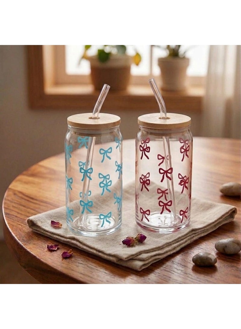 Set of 2 Bow-Printed 550ml Glass Can Cups with Wooden Lids and Straws – Tumbler Cups for Iced Coffee and Cold Drinks – Multicolor - Image 1