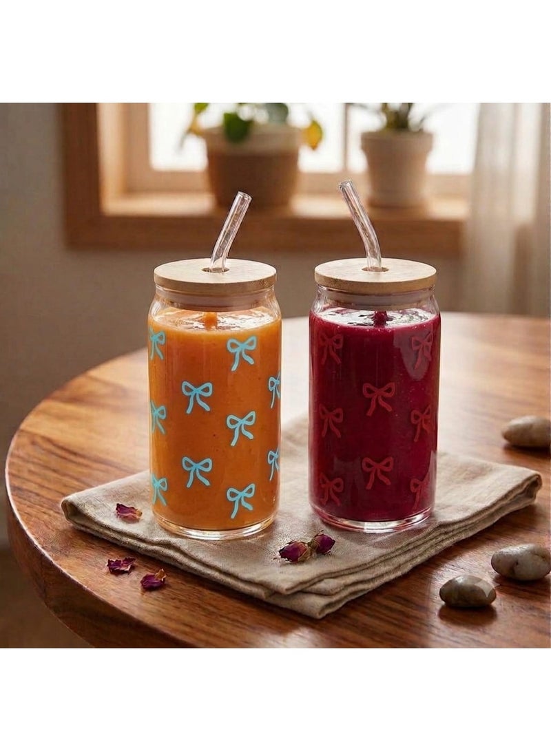 Set of 2 Bow-Printed 550ml Glass Can Cups with Wooden Lids and Straws – Tumbler Cups for Iced Coffee and Cold Drinks – Multicolor - Image 2