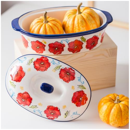 TUSIMI Floral Ceramic Casserole Dish with Lid – 40oz Oval Baking Dish, Oven-Safe Stoneware for Lasagna, Roasting, Serving – Elegant Floral Design, Microwave & Dishwasher Safe – Perfect for 1-2 Person - Image 2