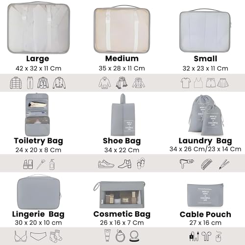 Oceanevo Set of 10 Pieces Packing Cubes Organiser for Travel, Travel Organizer Bags for Luggage, Suitcase Includes 2 Drawstring Bags, Shoe Bag and Toiletry Bag with Hook - Set of 10 - Grey - Image 2