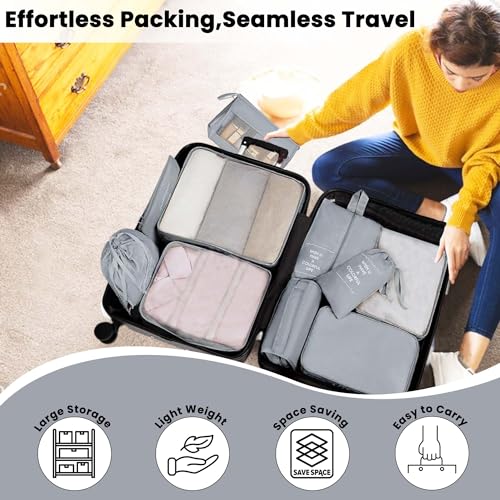 Oceanevo Set of 10 Pieces Packing Cubes Organiser for Travel, Travel Organizer Bags for Luggage, Suitcase Includes 2 Drawstring Bags, Shoe Bag and Toiletry Bag with Hook - Set of 10 - Grey - Image 3