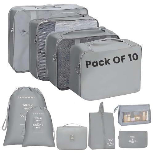 Oceanevo Set of 10 Pieces Packing Cubes Organiser for Travel, Travel Organizer Bags for Luggage, Suitcase Includes 2 Drawstring Bags, Shoe Bag and Toiletry Bag with Hook - Set of 10 - Grey - Image 1