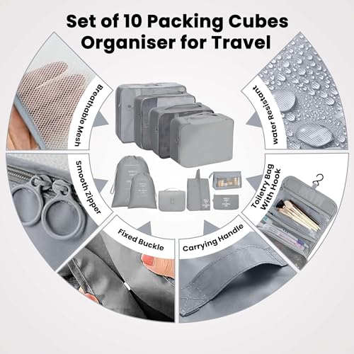 Oceanevo Set of 10 Pieces Packing Cubes Organiser for Travel, Travel Organizer Bags for Luggage, Suitcase Includes 2 Drawstring Bags, Shoe Bag and Toiletry Bag with Hook - Set of 10 - Grey - Image 5