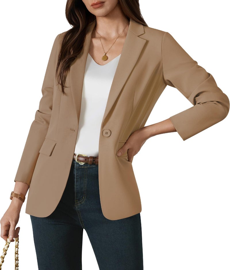 Kelyaa Womens One Button Blazer Casual Open Front Long Sleeve Suit Jackets Business Work Office Blazers with Pockets Dark Khaki - Image 2
