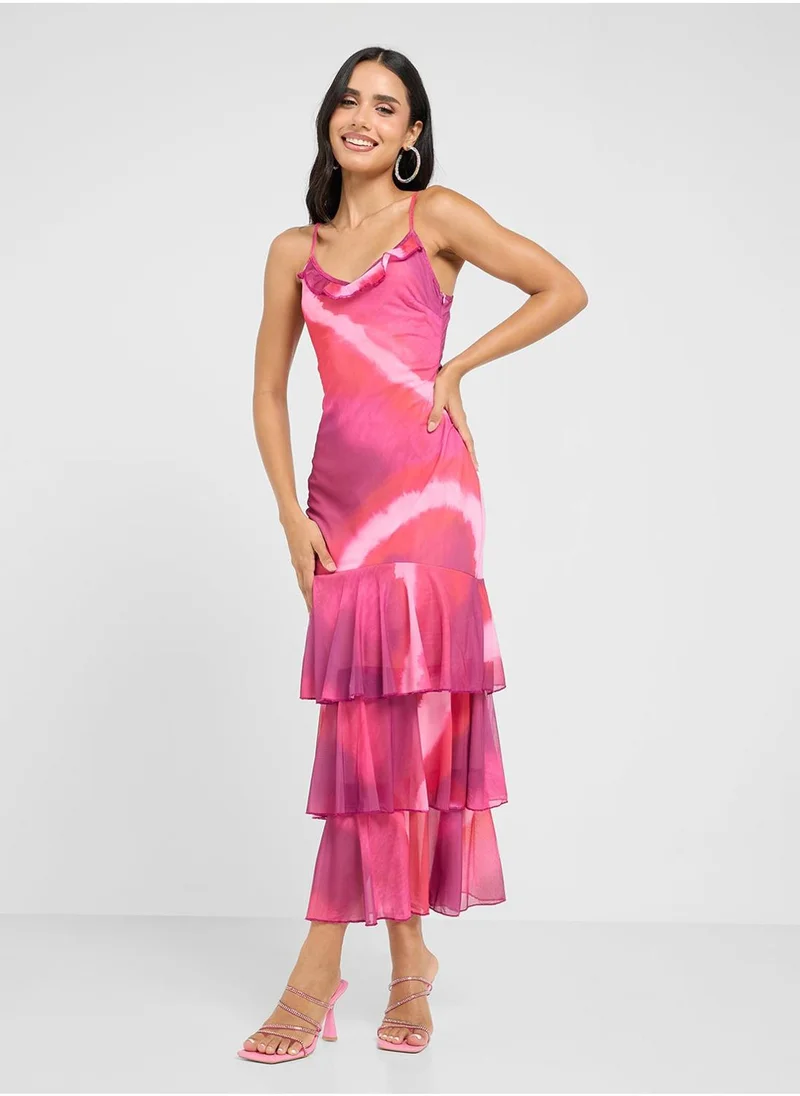 Ginger Strappy Blurred Print Dress With Frill Hem