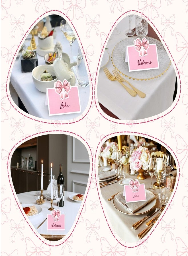 Yolev 24 Pcs Pink Bow Place Cards Watercolor Place Cards for Table Setting Cute Bowknot Tent Name Cards for Coquette Birthday Party Baby Shower Wedding Table Setting Supplies - Image 2
