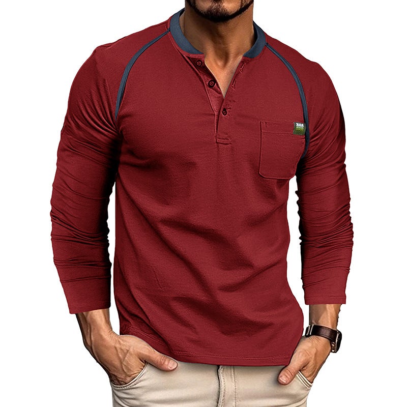 2023 autumn and winter and men''s long-sleeved men''s T-shirt foreign trade Men''s Henry shirt color matching T-shirt men''s wholesale - Image 1