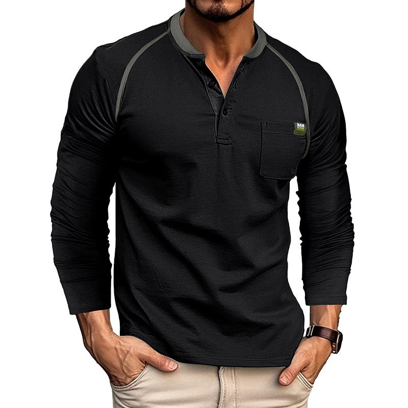 2023 autumn and winter and men''s long-sleeved men''s T-shirt foreign trade Men''s Henry shirt color matching T-shirt men''s wholesale - Image 3