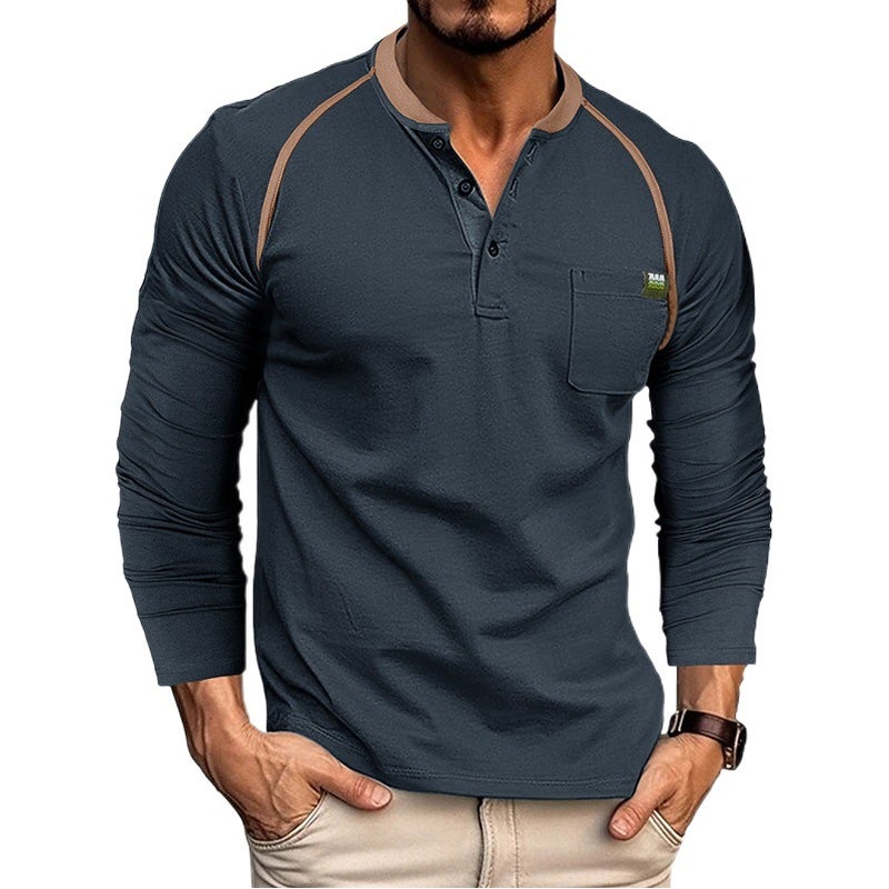 2023 autumn and winter and men''s long-sleeved men''s T-shirt foreign trade Men''s Henry shirt color matching T-shirt men''s wholesale - Image 2