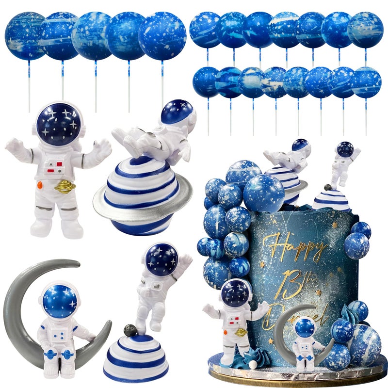 KDPATFAV Astronaut Figurines Space Cake Toppers Blue Star Ball Cake Toppers for Space Theme Party Kids Birthday Party Baby Shower Supplies Royal Blue - Image 2