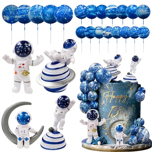KDPATFAV Astronaut Figurines Space Cake Toppers Blue Star Ball Cake Toppers for Space Theme Party Kids Birthday Party Baby Shower Supplies Royal Blue - Image 1