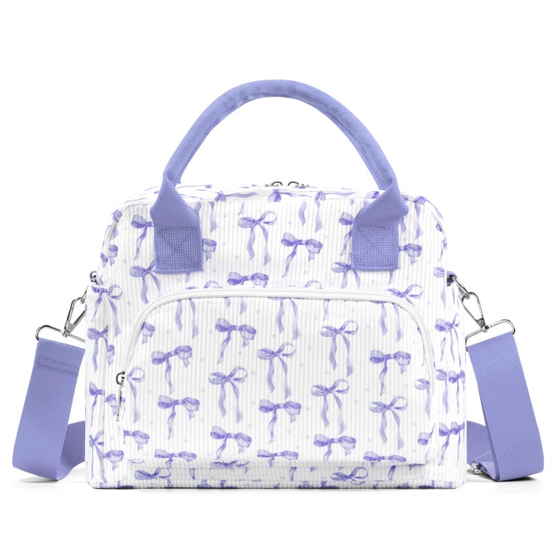 TESAFNG Lunch Box for Women Insulated Lunch Bag Cute Corduroy Lunch Tote Bags Lightweight Reusable Leakproof Cooler Bag with Adjustable Shoulder Strap for Work Office Travel Picnic (Purple Bow) - Image 1