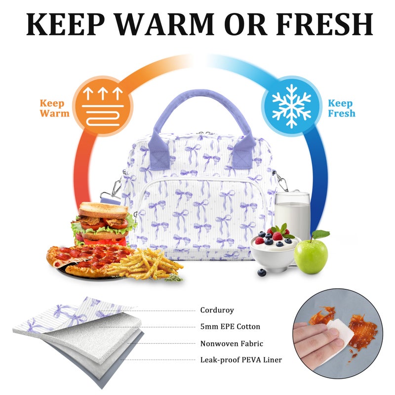 TESAFNG Lunch Box for Women Insulated Lunch Bag Cute Corduroy Lunch Tote Bags Lightweight Reusable Leakproof Cooler Bag with Adjustable Shoulder Strap for Work Office Travel Picnic (Purple Bow) - Image 3