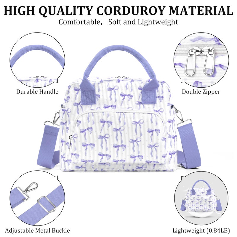 TESAFNG Lunch Box for Women Insulated Lunch Bag Cute Corduroy Lunch Tote Bags Lightweight Reusable Leakproof Cooler Bag with Adjustable Shoulder Strap for Work Office Travel Picnic (Purple Bow) - Image 5