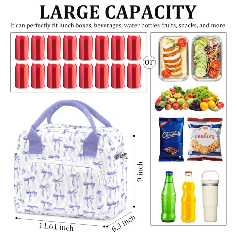 TESAFNG Lunch Box for Women Insulated Lunch Bag Cute Corduroy Lunch Tote Bags Lightweight Reusable Leakproof Cooler Bag with Adjustable Shoulder Strap for Work Office Travel Picnic (Purple Bow) - Image 2