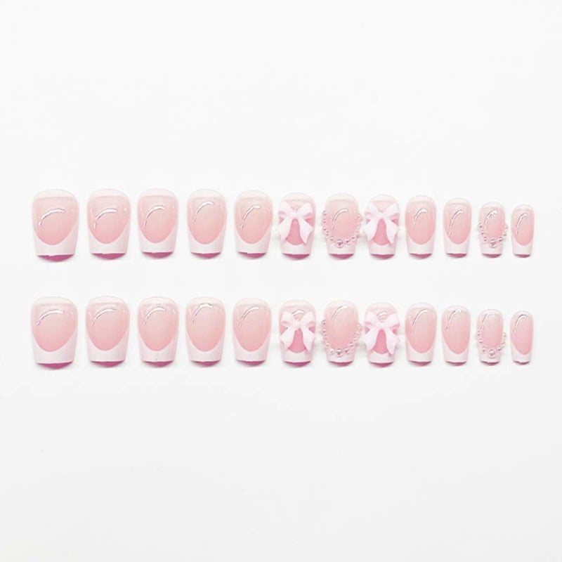 YoYoee Press on Nails -Short French Fake Nails Square False Nails Pearl Bow Nails Tips for Women and Girls 24Pcs - Image 2