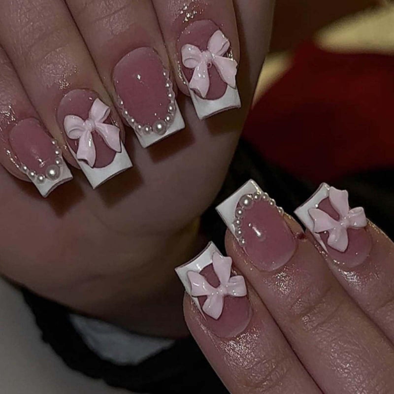 YoYoee Press on Nails -Short French Fake Nails Square False Nails Pearl Bow Nails Tips for Women and Girls 24Pcs - Image 1
