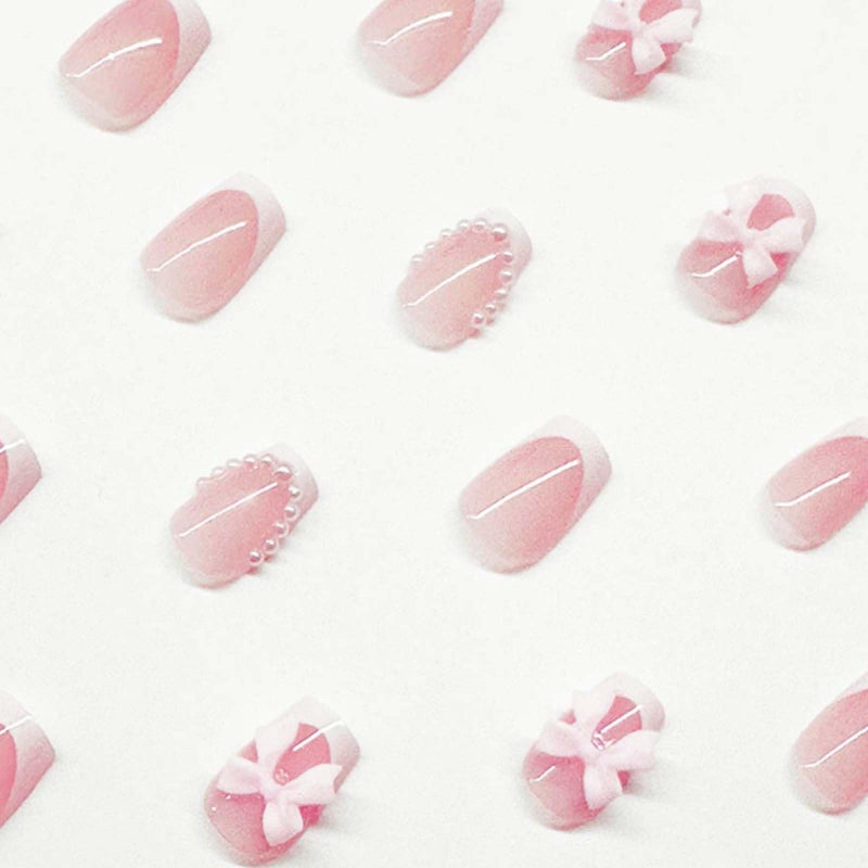 YoYoee Press on Nails -Short French Fake Nails Square False Nails Pearl Bow Nails Tips for Women and Girls 24Pcs - Image 4