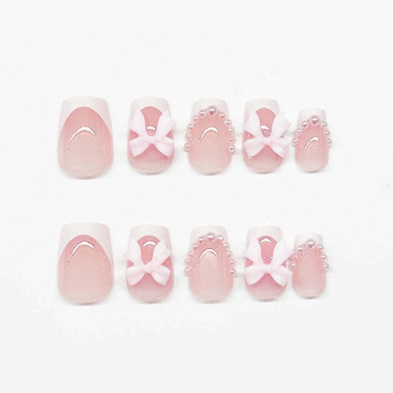 YoYoee Press on Nails -Short French Fake Nails Square False Nails Pearl Bow Nails Tips for Women and Girls 24Pcs - Image 3