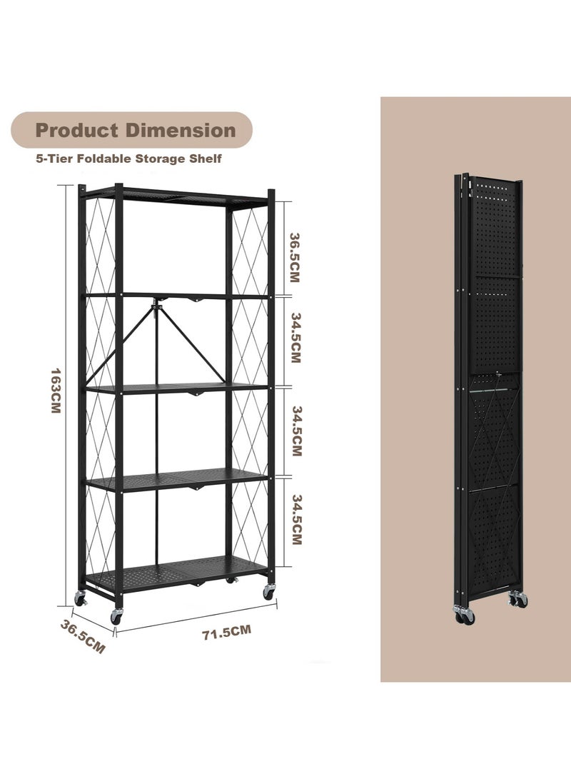 5 Tier Thickened Foldable Storage Shelves with Wheels,No Assembly,Large Capacity,Heavy-Duty Metal Shelving Unit Rolling Cart for Garage, Kitchen, Basement, Pantry(Black, 5-Tier)